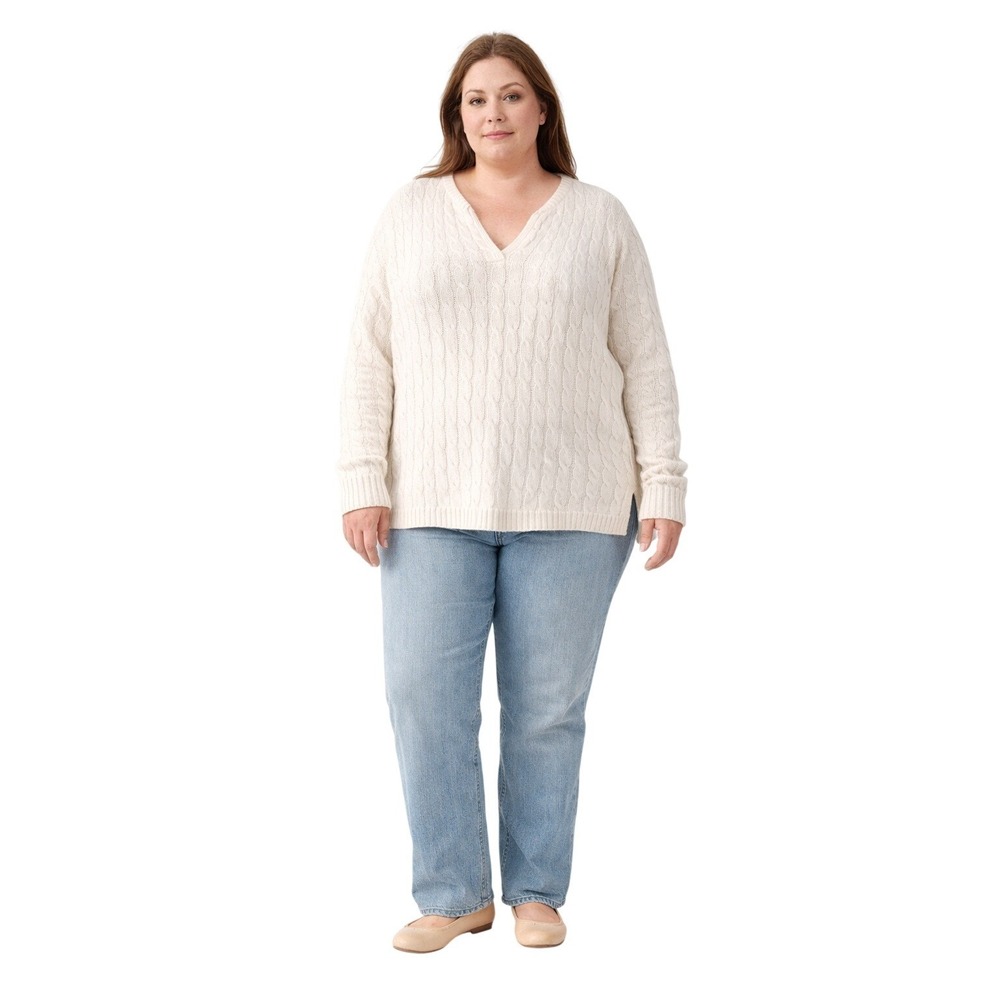 Lauren Ralph‎ Lauren Ivory Cable Knit V-Neck Sweater 100% Cotton Women's 1X